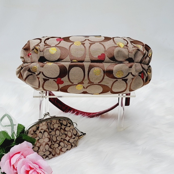 Coach Poppy Monogram Gold Sparkle Dots. Red Hearts &Trim Bag - Picture 9 of 16